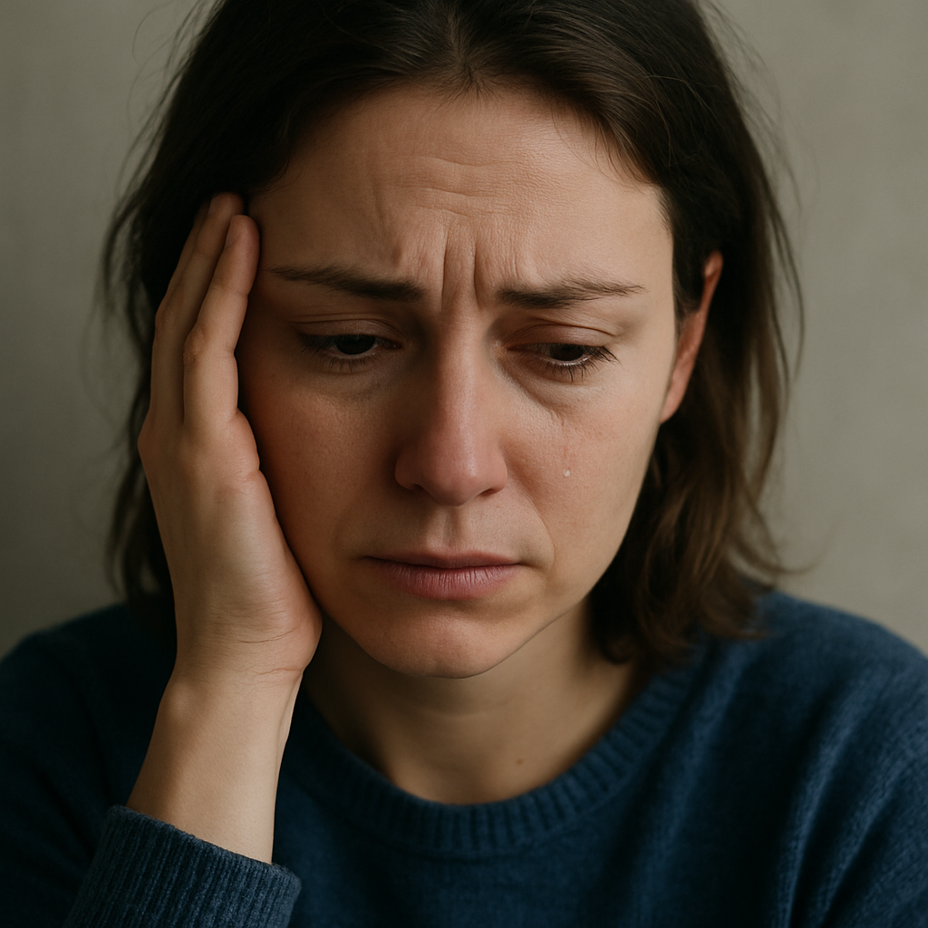 Mulher com expressão preocupada, simbolizando pensamentos automáticos